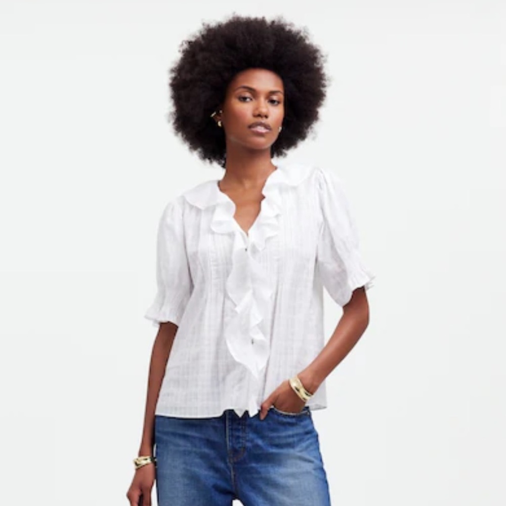 MADEWELL windowpane peplum ruffle top. White. NWT. Sz M
